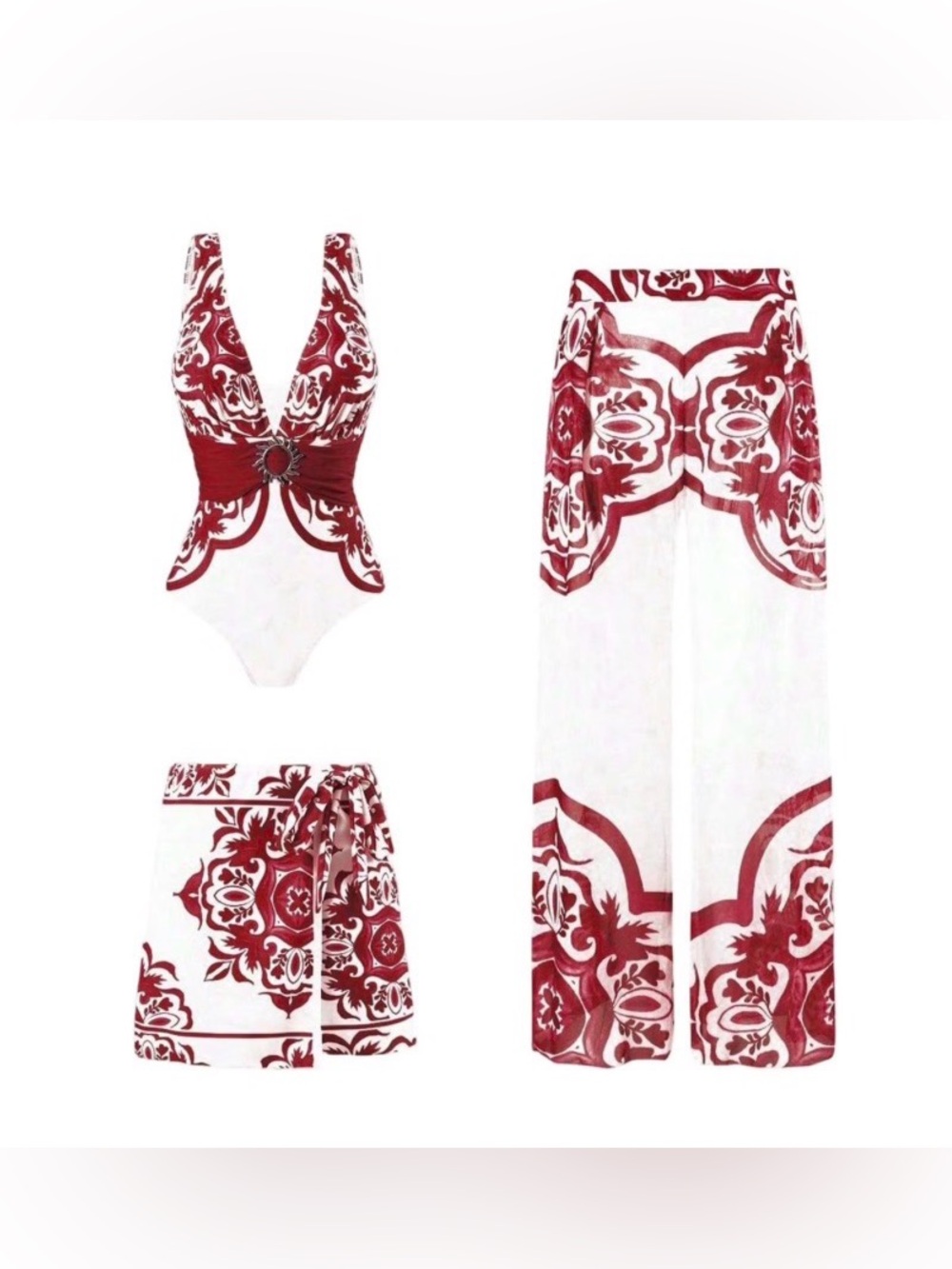 White & Burgundy Printed Swim Set - 3 Piece Coverups Size 6